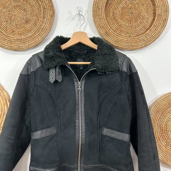 Express Neutral Black Faux Suede Fur Zip Up Moto Jacket Coat Medium Buckle - Picture 3 of 10